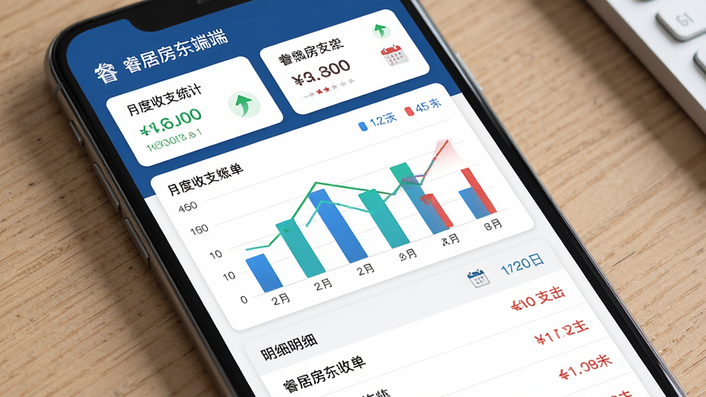 睿居房东端账单管理界面,主体为手机屏幕显示月度收支统计图表与账单列表,布局包含顶部数据概览卡片、中部柱状图、底部明细列表,排版层次分明,风格商务专业,细节有绿色收入箭头、红色支出标记、日历图标,画质高清,干净,无多余元素