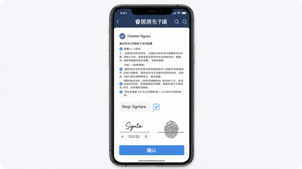 睿居房东端电子合同签署界面,画面为手机屏幕展示合同文档与签名区域,布局有合同条款文字、双方签名栏、确认按钮,排版正式规范,风格严谨商务,细节有蓝色勾选图标、日期选择器、指纹签名图案,画质清晰,干净,无多余元素