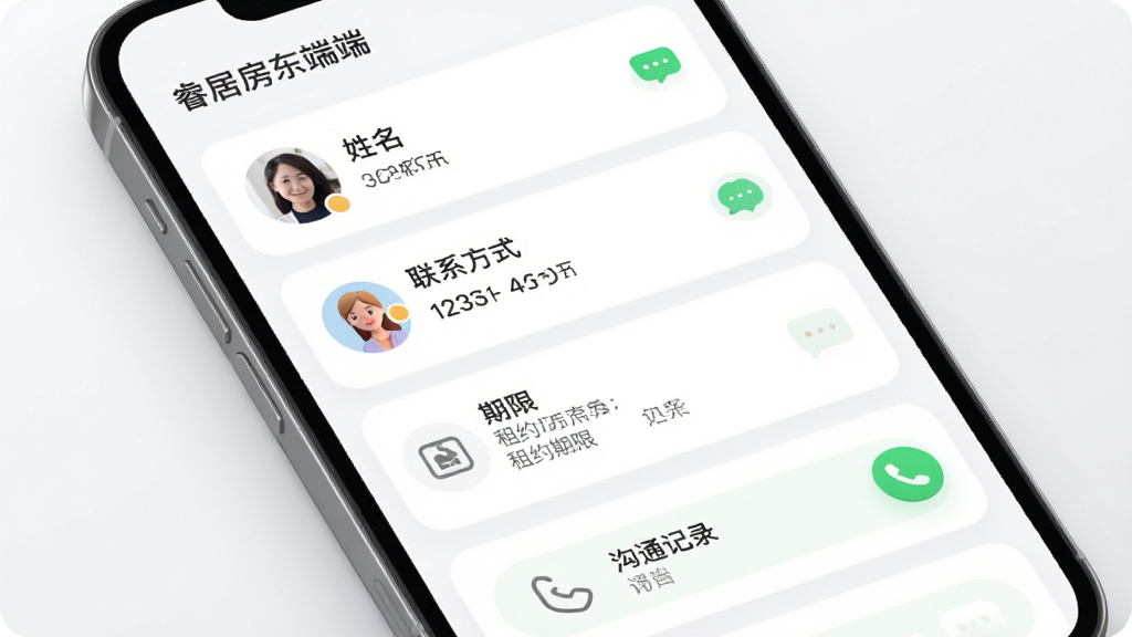 睿居房东端租客管理界面,主体为手机屏幕显示租客列表与详情卡片,布局包含头像、姓名、联系方式、租约期限、沟通记录入口,排版简洁清晰,风格柔和圆角,细节有绿色在线状态点、消息气泡图标、电话图标,画质高清,干净,无多余元素