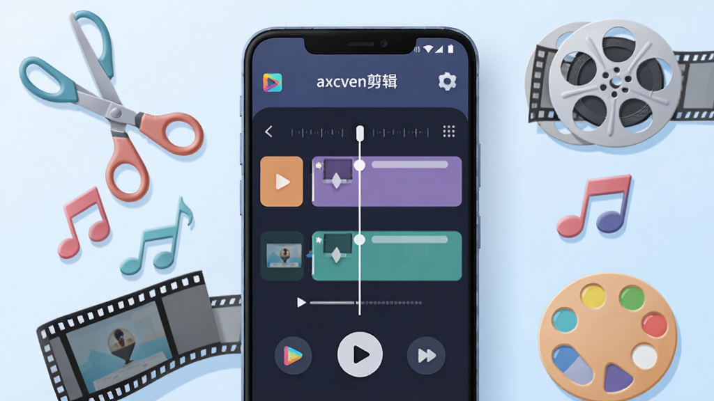 画面中央放置一部安卓手机,手机屏幕上显示“axcven剪辑”的应用界面,界面中包含视频轨道、时间轴、播放按钮和素材缩略图;手机四周环绕着剪刀、胶片卷、音乐符号、调色盘等剪辑元素;背景为浅蓝色渐变,整体布局采用居中对称式;风格为扁平化科技插画,细节上突出界面按钮的圆角与阴影;画质清晰,干净,无多余元素