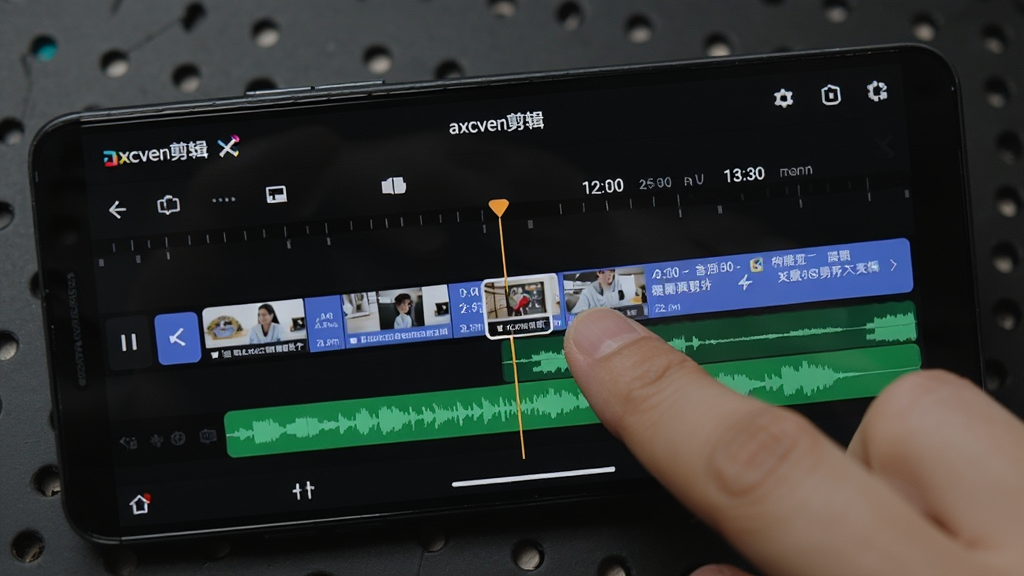 一部安卓手机横屏放置,屏幕上显示“axcven剪辑”的时间轴编辑界面,画面中有视频轨道、音频波形、文字图层;一只手正在用食指拖动时间轴上的片段;背景为深色工作台,布局采用特写视角;风格为写实操作演示图,细节上体现手指与屏幕的接触和界面高亮反馈;画质清晰,干净,无多余元素