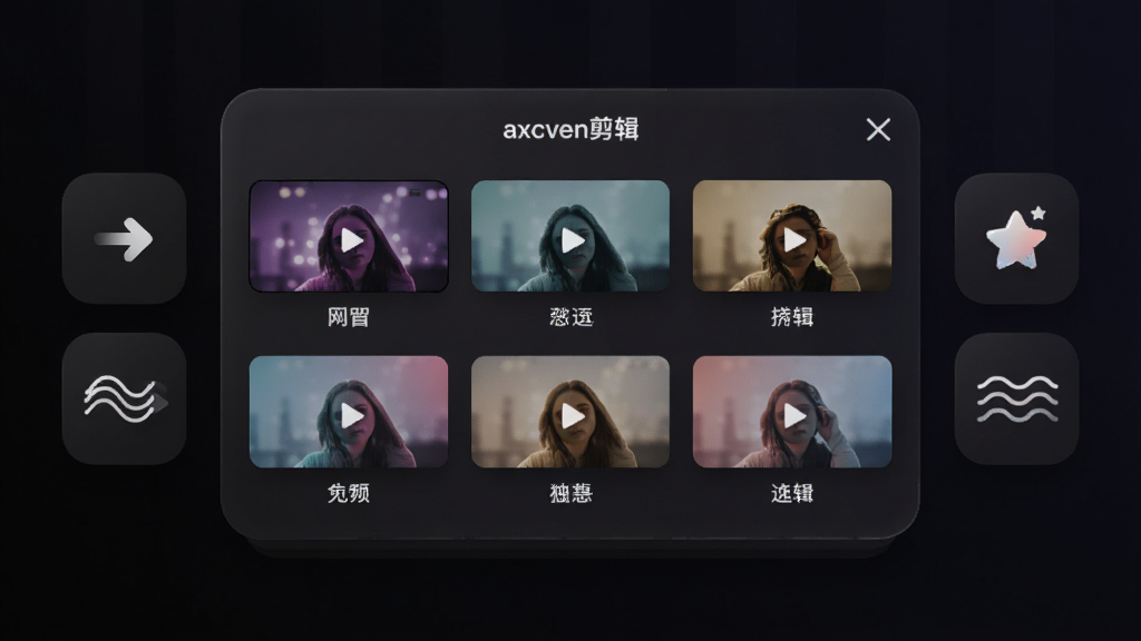 画面中央展示“axcven剪辑”的滤镜选择面板,面板上排列着多个不同色调的视频缩略图,每个缩略图下方标注滤镜名称;面板两侧有转场效果图标,如箭头、星星、波浪线;背景为深色渐变,布局采用悬浮卡片式;风格为现代UI展示图,细节上突出面板的圆角和阴影层次;画质清晰,干净,无多余元素