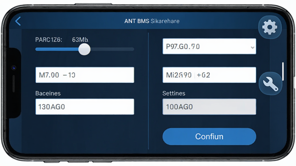 ANT BMS参数设置页面风格,手机屏幕显示滑块和输入框组成的参数调节界面,旁边有齿轮和扳手图标象征设置功能,布局为左右分栏,风格为科技蓝调,细节有参数数值和确认按钮,画质清晰干净,无多余元素