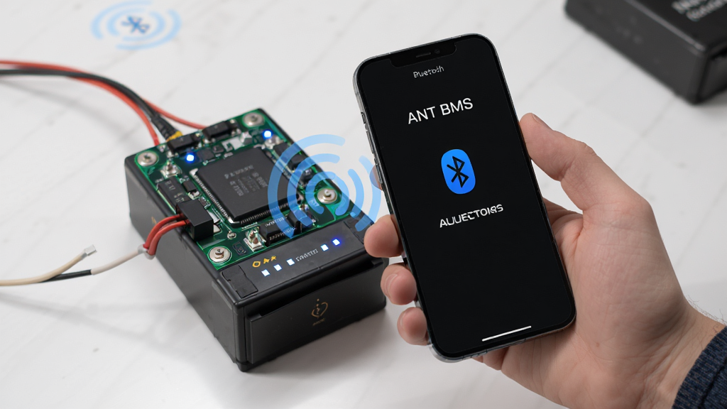 ANT BMS手机应用连接电池保护板的操作场景图,画面中一只手拿着手机靠近锂电池组,手机屏幕显示蓝牙连接成功界面,布局为第一人称视角,风格为写实科技风,细节有蓝色蓝牙信号波纹和电池组指示灯,画质清晰干净,无多余元素