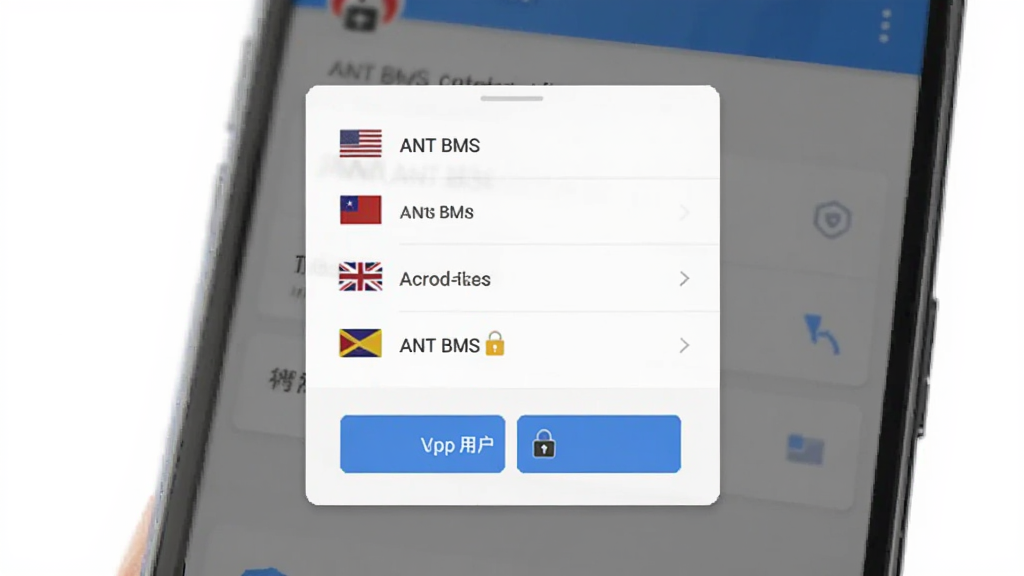 ANT BMS多语言切换和权限管理界面,手机屏幕显示语言选择列表和用户角色切换按钮,布局为居中弹窗样式,风格为简洁浅色商务风,细节有国旗图标和锁形图标,画质清晰干净,无多余元素