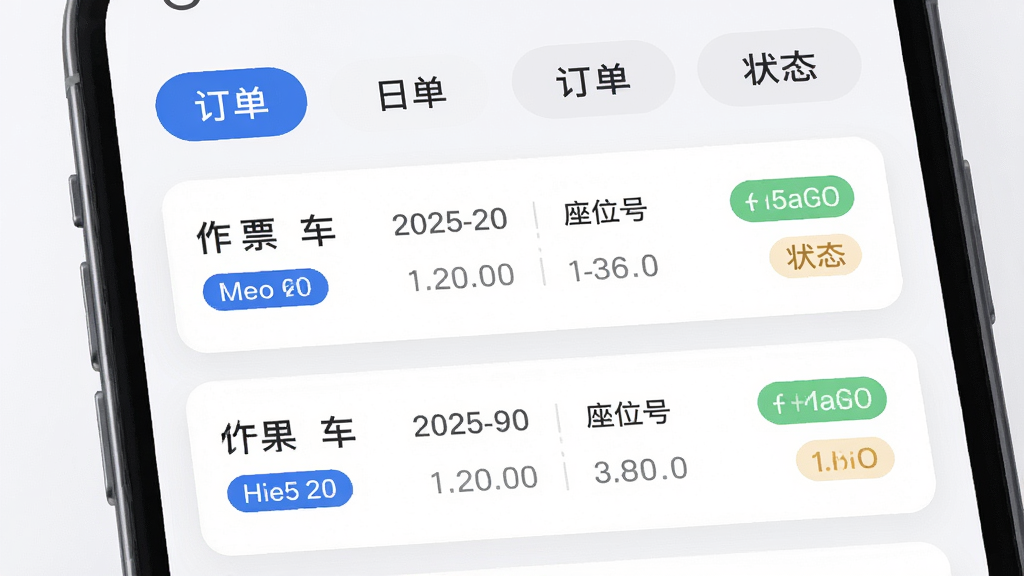 主体为火车票购票出行应用订单管理界面,布局为卡片式排版,上方为订单分类标签,中间为订单列表,每条订单显示车次、日期、座位号和状态标签,风格为柔和圆角风,细节包含蓝色状态标签、灰色辅助文字、白色卡片背景,画质高清,干净,无多余元素