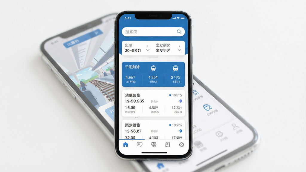 主体为一部智能手机,屏幕显示火车票购票出行应用首页界面,布局为居中式排版,上方为搜索框和出发到达城市选择栏,中间为车次列表卡片,下方为底部导航栏,风格为现代扁平化商务风,细节包含蓝色主色调、白色背景、清晰的文字标签和图标,画质高清,干净,无多余元素