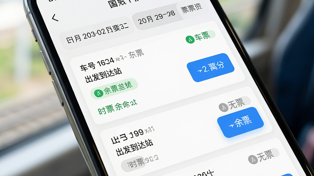 主体为手机屏幕显示火车票购票出行余票查询结果页面,布局为列表式排版,上方为日期切换栏,中间为多条车次卡片,每张卡片包含车次号、出发到达站、时间和余票状态,风格为清新简约风,细节包含绿色余票标识、灰色无票标识、蓝色高亮选中状态,画质高清,干净,无多余元素
