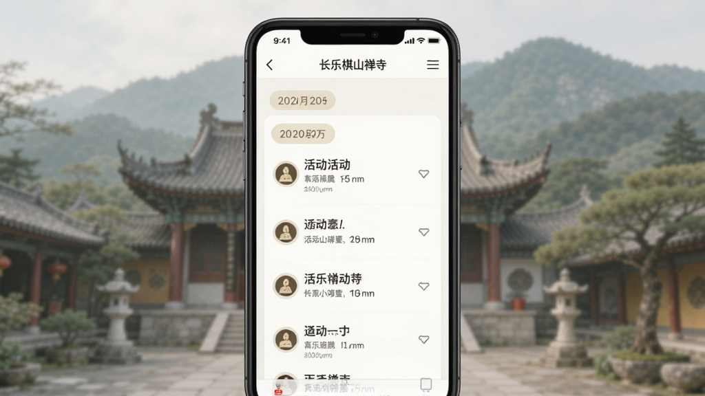 主体为手机屏幕展示长乐棋山禅寺资讯列表页面,布局为上下滚动式排版,风格为简约清新的佛教风格UI,细节包含日期标签、活动标题、小图标,画质清晰,画面干净,无多余元素
