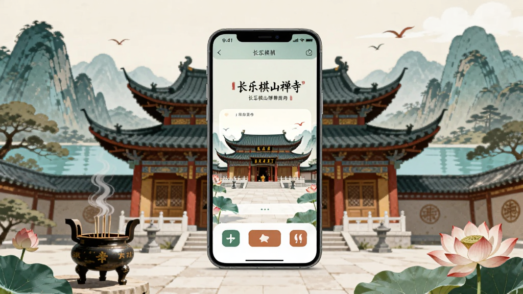 主体为一部智能手机,屏幕显示长乐棋山禅寺应用界面,背景为古色古香的寺院建筑与青山绿水,布局采用中心对称构图,排版上手机位于画面中央,风格为中国风禅意插画,细节包含寺庙屋檐、香炉、莲花等元素,画质高清,画面干净,无多余元素