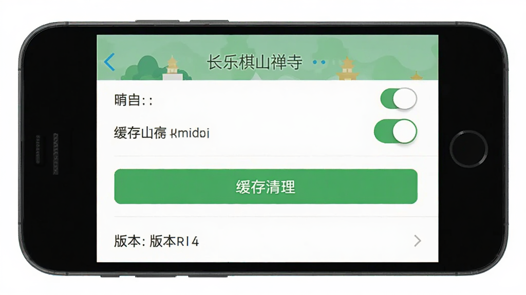 主体为手机屏幕显示长乐棋山禅寺应用设置界面,布局为列表式排版,风格为扁平化设计,细节包含权限开关、缓存清理按钮、版本号文字,画质清晰,画面干净,无多余元素