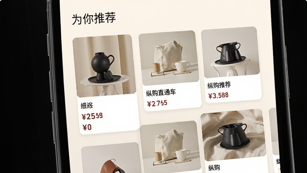 纵购直通车个性化推荐页面,手机屏幕展示商品瀑布流卡片,每张卡片包含商品图片、名称与价格,屏幕上方有“为你推荐”文字,背景为暖白色,风格素雅极简,画质高清,排版错落有致,无多余元素
