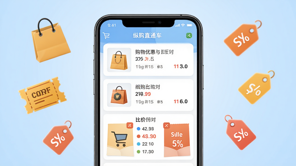 纵购直通车安卓版主界面全貌展示,画面中央放置一部智能手机,手机屏幕上显示购物优惠列表与比价信息,背景为浅蓝色渐变,周围点缀购物袋、优惠券、折扣标签等图标元素,整体风格干净简洁,排版居中对称,画质清晰明亮,无多余元素