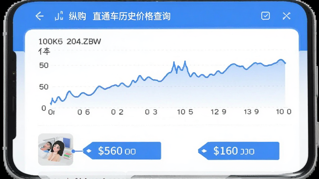 纵购直通车历史价格查询界面,手机屏幕展示一条价格走势折线图,图表下方有商品缩略图与价格标签,整体色调为蓝白配色,风格清新简洁,画质细腻,排版干净,无多余装饰