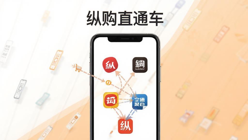 纵购直通车全网优惠聚合功能展示,画面中心为手机屏幕显示多个电商平台图标汇聚成一条信息流,屏幕上方有“纵购直通车”文字标识,背景为白色与浅橙色搭配,风格简约商务,画质高清,布局清晰,无杂乱元素
