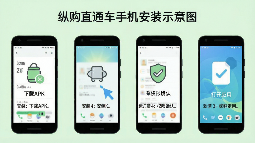 纵购直通车手机安装步骤示意图,画面展示一部安卓手机屏幕依次显示下载APK、点击安装、权限确认、打开应用四个步骤,每个步骤配有简洁图标与文字说明,背景为浅绿色,风格清新浅色,画质清晰,排版规整,无多余元素