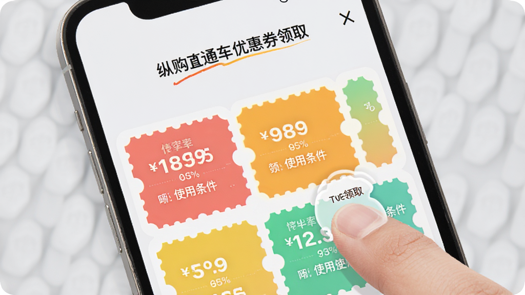 纵购直通车优惠券领取界面,手机屏幕显示多张彩色优惠券卡片依次排列,卡片上有折扣金额与使用条件文字,画面中有手指点击领取的动作示意,背景为浅灰色,风格柔和圆角,画质清晰,布局整齐