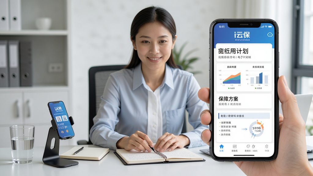 一位保险代理人坐在办公桌前使用
