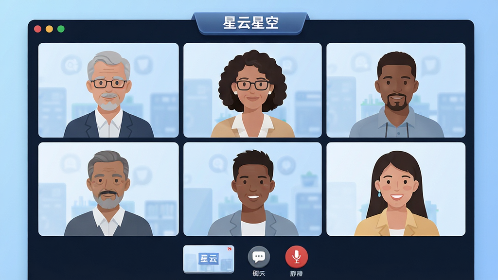 一幅展示多人视频会议场景的AI生图,画面中有六个不同年龄性别的参会者视频窗口呈网格状排列在屏幕中央,下方有共享屏幕、聊天、静音等功能图标,屏幕顶部有“星云星空”文字标识,整体布局整齐对称,风格为现代扁平化科技风,细节包括每个人物头像清晰、界面按钮有轻微立体感、背景为浅蓝色渐变,画质高清干净无多余元素