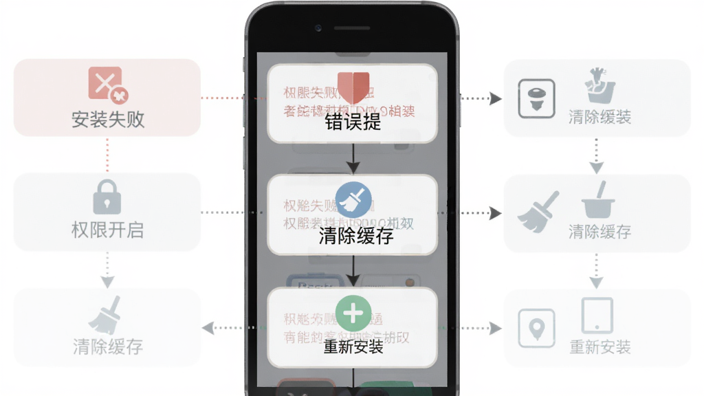 OldReel几帧DV复古数码相机常见问题解决流程图,主体为手机屏幕显示错误提示与解决步骤,布局为从上到下流程图,排版清晰分步,风格为扁平化信息图,细节包括“安装失败”“权限开启”“清除缓存”“重新安装”等步骤图标,画质高清干净,无多余元素