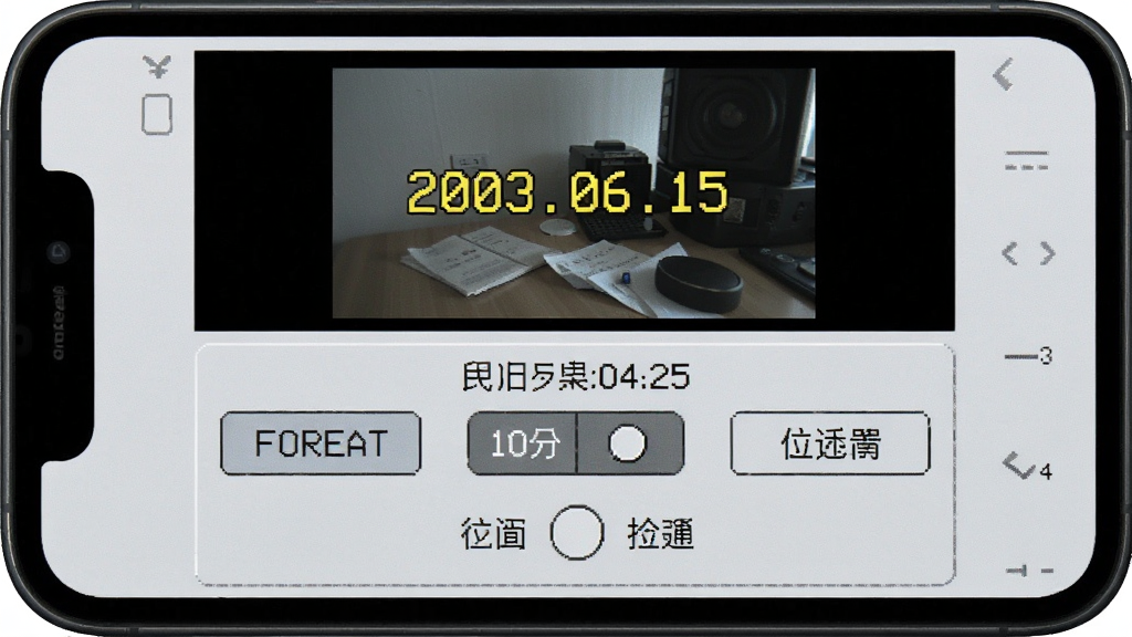 OldReel几帧DV复古数码相机时间戳设置界面,主体为手机屏幕显示日期格式选择面板,布局为上方预览画面、下方设置选项,排版简洁明了,风格为复古数码界面,细节包括“2003.06.15”黄色时间戳预览、格式切换按钮、位置拖动示意,画质高清干净,无多余元素