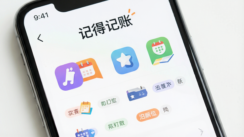 画面中央展示手机屏幕上的分类管理界面,有各种彩色图标和标签,上方写