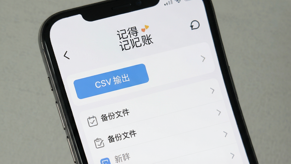 手机屏幕显示记得记账的备份与导出界面,有CSV导出按钮和备份文件列表,上方写