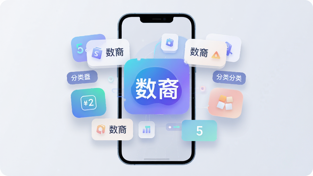一张以“数裔”软件为主题的AI生成图,画面主体为悬浮的数字卡片与分类标签在手机屏幕上方排列,布局采用中心对称构图,排版简洁有序,风格为扁平化科技风,细节包含柔和的投影与渐变色彩,画质高清干净,画面中文字标注“数裔”,无多余元素