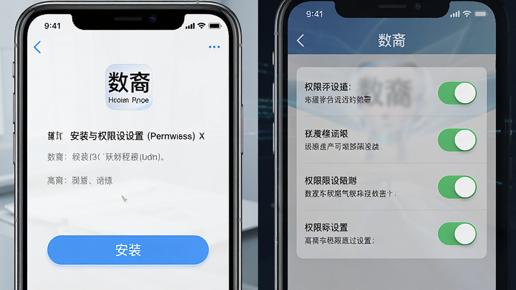一张展示“数裔”应用在手机上安装与权限设置界面的生成图,画面主体为手机屏幕特写,布局采用左右分栏展示安装步骤与权限开关,风格为写实科技风,细节包含清晰的按钮与提示文字,画质高清干净,画面中文字标注“数裔”