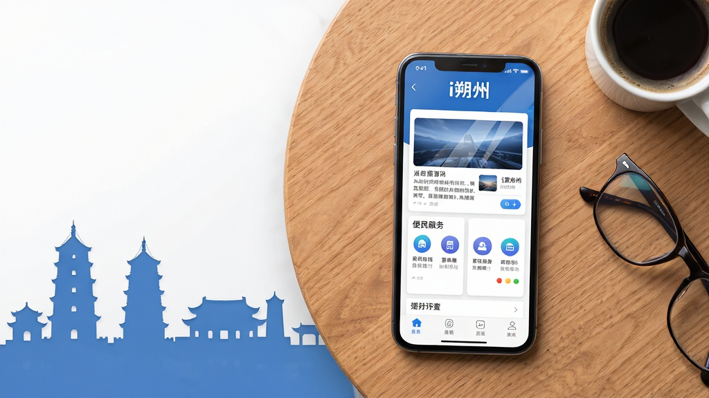 画面主体是一部智能手机,屏幕上清晰显示着“i朔州”APP的首页界面,界面中包含新闻资讯卡片和便民服务图标,手机放置在木质桌面上,旁边有一杯咖啡和一副眼镜。布局采用俯视角度,手机位于画面中央偏右,左侧留白处隐约可见朔州地标建筑剪影。排版上,手机界面文字清晰可辨,整体色调以蓝色和白色为主,搭配暖色木纹背景。风格为现代商务简约风,细节上体现屏幕反光和图标立体感,画质要求高清、干净、无多余元素,整体画面明亮通透。