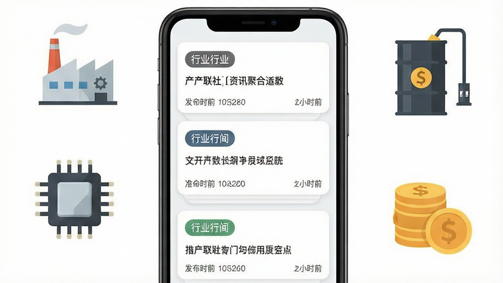 一张产联社APP资讯聚合功能展示图,画面中央是手机屏幕,屏幕内以瀑布流形式展示多条产业新闻卡片,每张卡片带有行业标签和发布时间,手机周围环绕着代表不同产业领域的简约图标如工厂、芯片、石油桶、钱币等,背景为纯白色,风格清新简约,采用扁平化插画风格,细节精致,画质清晰,文字内容清晰可辨,画面干净无杂乱元素