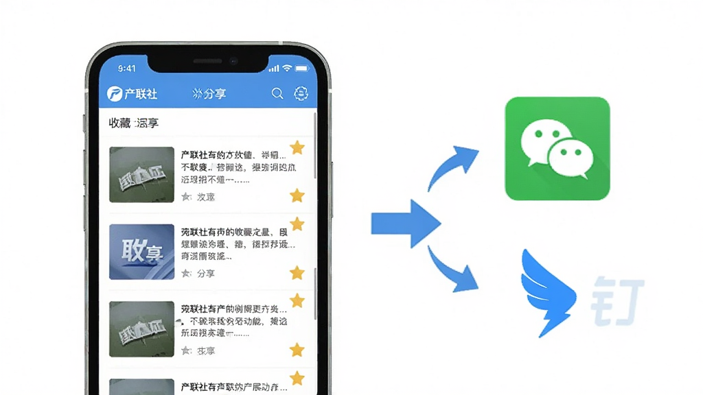 一张产联社收藏与分享功能展示图,画面中手机屏幕显示收藏列表界面,有多个文章条目和星标图标,手机旁边有一个分享箭头指向微信和钉钉的简化图标,背景为白色,风格简洁清新,采用扁平化设计,细节清晰,画质高清,画面中带有“产联社”文字标识,整体干净整洁