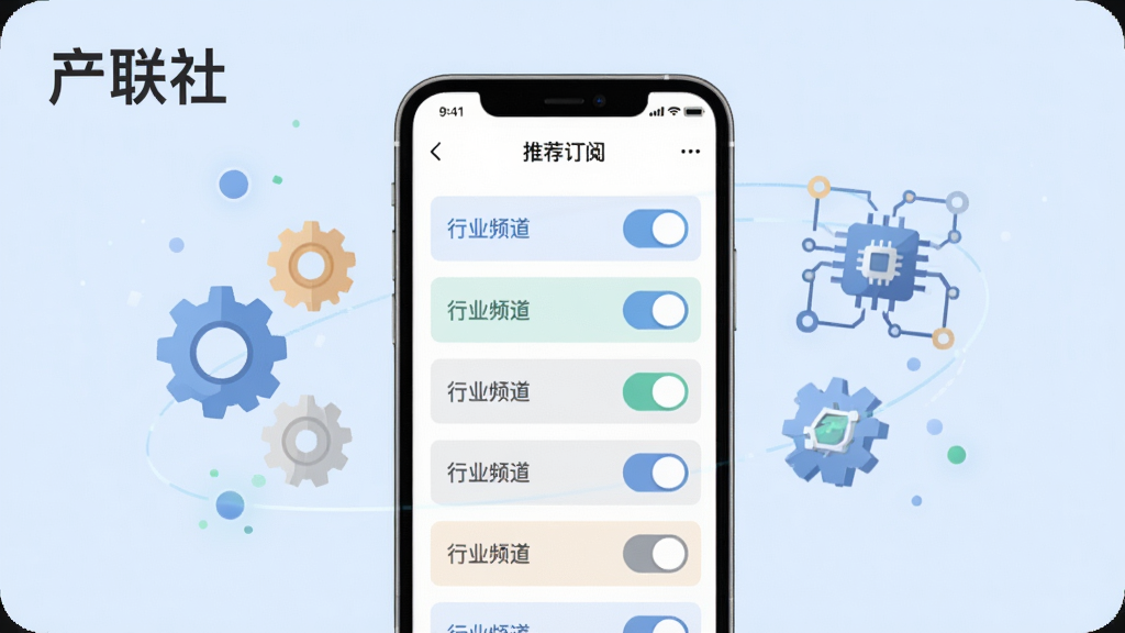 一张产联社个性化订阅功能的示意图,画面中一部手机屏幕显示订阅管理界面,有多个行业频道开关按钮,旁边漂浮着齿轮和推荐算法的抽象符号,背景为淡蓝色,风格现代科技感,采用扁平化设计,细节简洁,画质高清,画面中带有“产联社”文字标识,整体干净利落