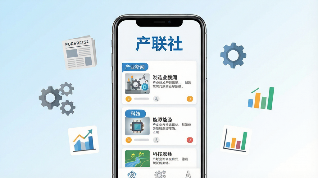 一张展示产联社移动端应用界面的场景图,画面中心是一部竖直放置的智能手机,屏幕内显示产联社APP的资讯首页,页面上方有“产联社”三个字的蓝色标识,下方排列着产业新闻卡片,包含制造业、科技、能源等分类标签。手机两侧漂浮着报纸、齿轮、图表等象征产业资讯的扁平化图标,背景是浅蓝到白色的渐变,整体风格简洁商务,采用扁平化设计,画面干净整洁,文字清晰可辨,画质高清,无多余装饰元素