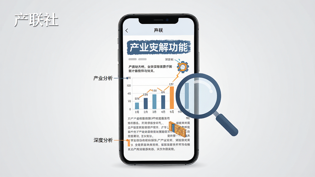 一张产联社深度解读功能的展示图,画面中央是手机屏幕,屏幕内显示一篇带有图表和标注的产业分析文章,标题醒目,旁边有一个放大镜图标代表深度分析,背景是浅灰色渐变,风格商务专业,采用扁平化插画风格,细节精致,画质清晰,画面中带有“产联社”文字,整体干净无多余元素