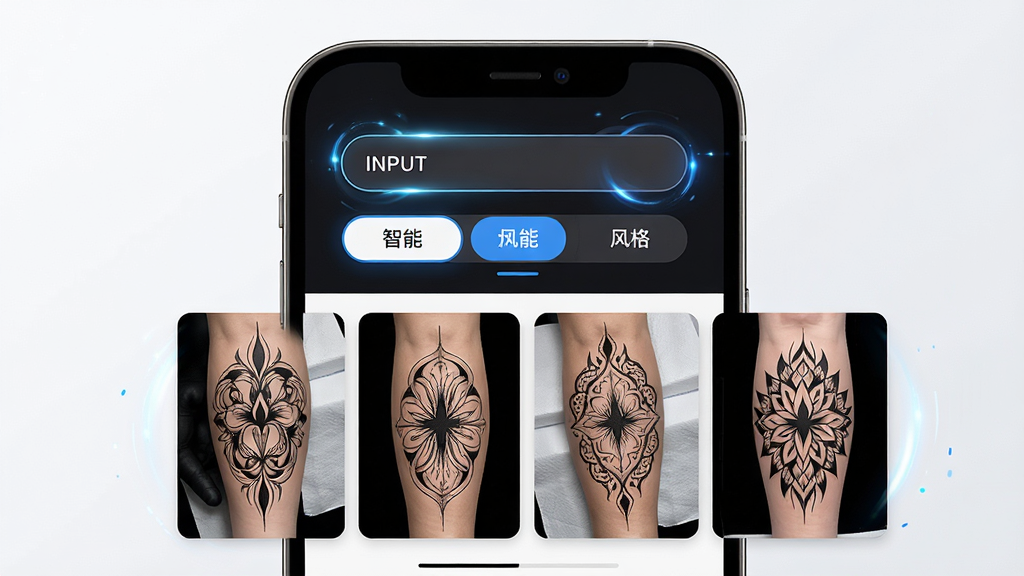 一张展示纹身设计软件智能一键出图功能的界面截图,画面主体是手机屏幕,屏幕中央显示输入框和风格选择按钮,下方排列着四张由AI生成的纹身草图,布局为上下结构,排版清晰,风格为现代简约科技风,细节上体现生成过程的动态光效和图案线条,画质高清,干净,无多余元素