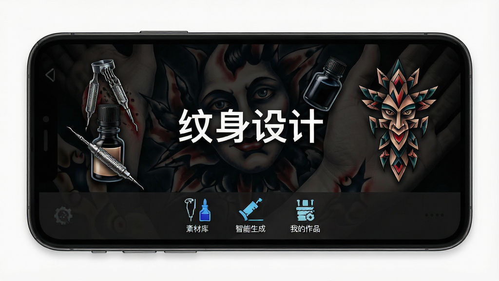 一张手机屏幕展示纹身设计软件主界面的图片,画面中央是软件名称“纹身设计”的启动页,背景为深色纹身风格纹理,界面下方排列着素材库、智能生成、我的作品等功能图标,主体清晰,布局居中,排版简洁,风格偏向暗黑艺术与科技感结合,细节上突出纹身针、墨水瓶、几何图腾等元素,画质高清,干净,无多余元素