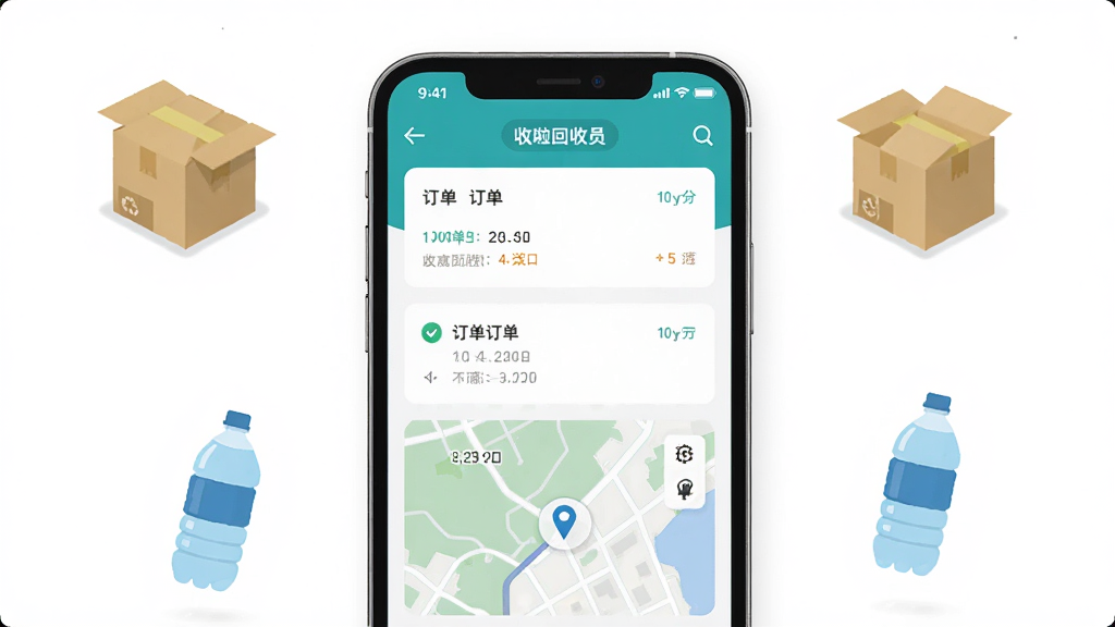 主体为一部智能手机屏幕展示收啦回收员应用主界面,布局为居中手机正面视图,屏幕内显示订单列表与地图导航模块,排版简洁清晰,风格为现代扁平化科技风,细节包括手机周围散落少量回收纸箱与塑料瓶图标元素,画质高清,干净,无多余元素