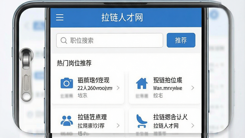 一张手机应用界面截图风格图片,画面中央为“拉链人才网”APP首页,顶部导航栏显示“拉链人才网”字样,下方有职位搜索框和热门岗位推荐列表,整体配色以蓝色和白色为主,布局清晰,排版整齐,风格简洁商务,细节包括图标、按钮和文字信息,画质高清,干净,无多余元素