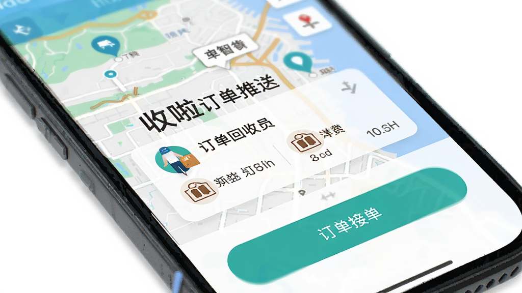 主体为收啦回收员应用内智能订单推送界面,布局为手机屏幕特写,屏幕中显示地图上多个订单标记点与距离标注,排版突出订单卡片与接单按钮,风格为明亮清新的移动端UI风格,细节包括地图背景与品类图标,画质高清,干净,无多余元素