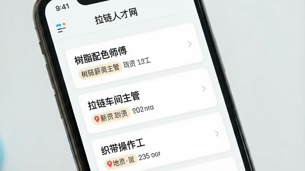 一张招聘APP职位列表界面图片,画面主体为手机屏幕显示“拉链人才网”职位搜索结果,列表包含“树脂配色师傅”“拉链车间主管”“织带操作工”等岗位,每条职位卡片带有薪资和地点标签,布局为纵向列表,风格清新浅色,细节清晰,画质干净,无多余元素