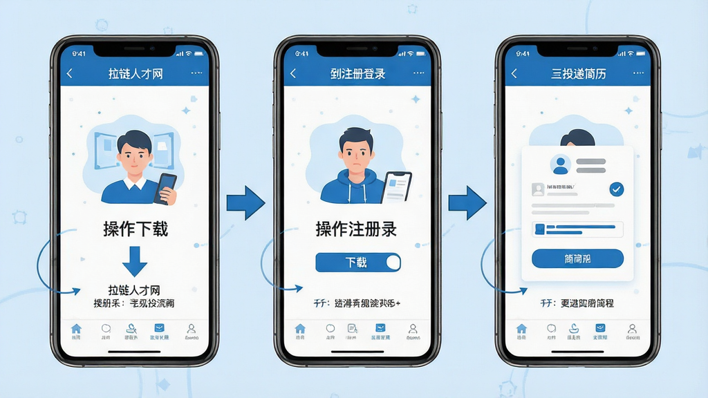 一张手机操作指南示意图,画面展示“拉链人才网”APP从下载到注册登录再到投递简历的流程步骤,采用扁平化插画风格,分为三个手机界面并排展示,每个界面标注操作要点,配色以蓝色和白色为主,布局清晰,细节包括箭头指引和文字说明,画质高清,干净,无多余元素