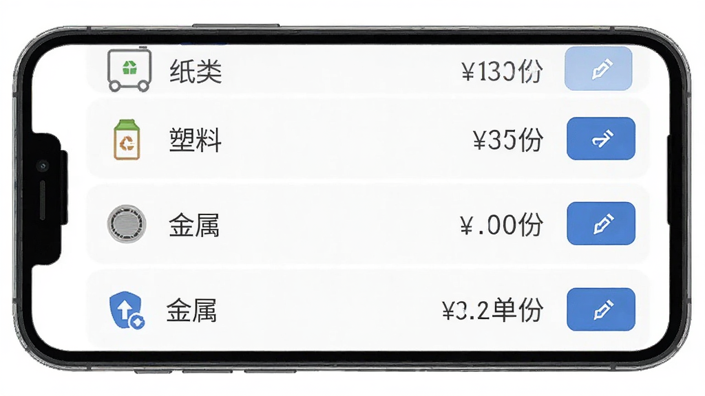主体为收啦回收员应用内回收品类与价格设置页面,布局为手机屏幕正面展示,屏幕中列出纸类、塑料、金属等品类及对应单价,排版为列表加编辑按钮,风格为简洁商务风,细节包括品类图标与价格数字清晰可见,画质高清,干净,无多余元素