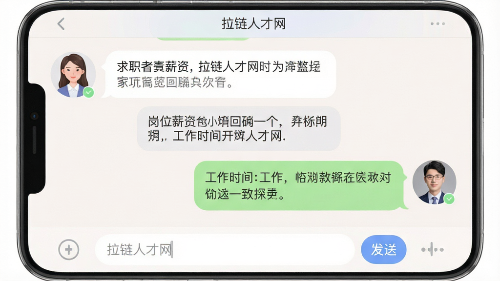 一张手机聊天界面截图风格图片,画面中显示“拉链人才网”在线沟通界面,左侧为求职者头像和消息气泡,右侧为企业HR头像和回复内容,聊天内容涉及岗位薪资和工作时间,底部有输入框和发送按钮,风格柔和圆角,布局清晰,画质高清,干净,无多余元素