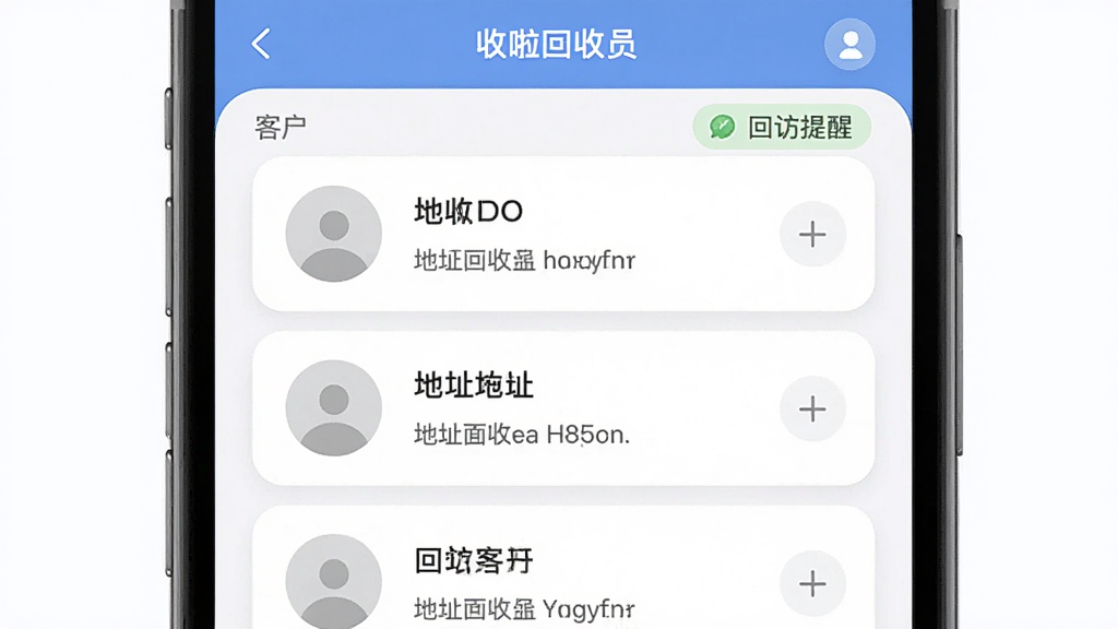 主体为收啦回收员应用内客户管理界面,布局为手机屏幕正面展示,屏幕中显示客户列表与回访提醒标签,排版为卡片式列表,风格为柔和圆角设计,细节包括客户头像占位与地址信息,画质高清,干净,无多余元素