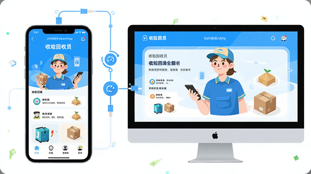 主体为收啦回收员应用在手机与电脑模拟器上的双端展示,布局为左侧手机右侧电脑屏幕,屏幕中均显示收啦回收员主界面,排版为对比式构图,风格为科技感扁平插画,细节包括连接线与同步图标,画质高清,干净,无多余元素