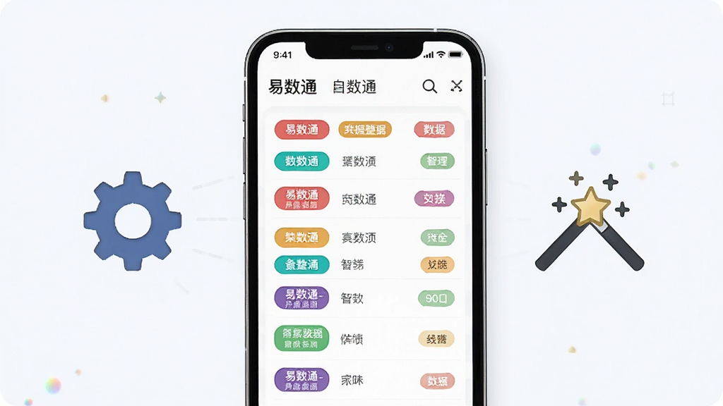一张展示易数通智能数据整理功能的AI生图,画面主体是手机屏幕中显示自动分类的数据列表,旁边有齿轮和魔法棒图标表示智能处理,布局居中,排版清晰,风格科技简约,细节包括不同颜色的数据标签,画质高清,干净无多余元素,图片中文字“易数通”