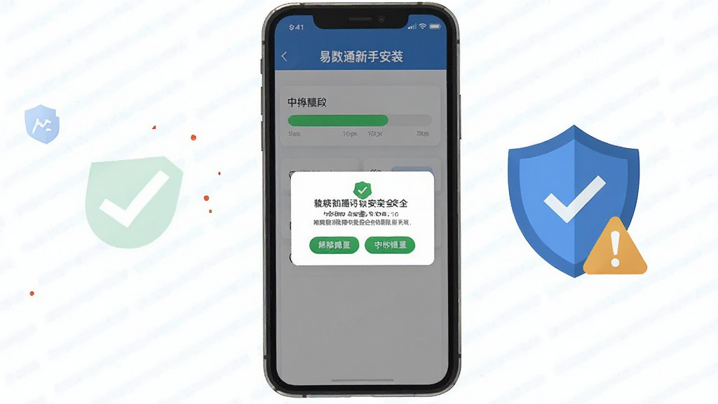 一张展示易数通新手安装步骤的AI生图,画面主体是手机屏幕显示安装进度条和权限确认弹窗,旁边有盾牌图标表示安全提示,布局居中,排版简洁,风格扁平化,细节包括绿色对勾和警告标志,画质清晰,干净无多余元素
