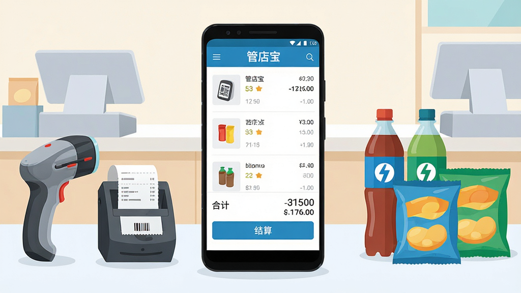 一张以“管店宝”手机收银软件为主题的宣传图,画面中央放置一部竖屏安卓手机,手机屏幕显示管店宝收银结算界面,界面中包含商品列表、合计金额与结算按钮,手机左侧摆放小型扫码枪与热敏小票打印机,右侧摆放几件便利店商品如饮料瓶和零食袋,背景为简洁的浅色店铺柜台场景,整体布局居中对称,排版清爽,风格为现代扁平化科技插画,细节上突出手机界面中的“管店宝”文字标识与收银数字,画质高清,画面干净,无多余元素