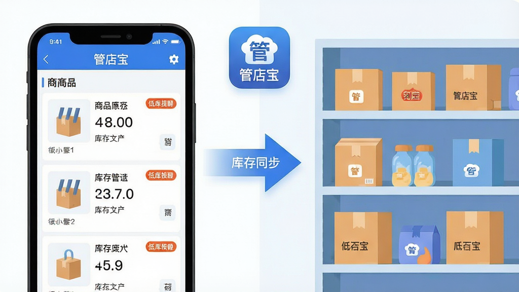 一张以“管店宝”库存管理为主题的信息图,画面左侧为手机展示管店宝商品列表与库存数量界面,右侧为整齐排列的货架与商品包装盒,中间用箭头连接表示库存同步,布局左右分明,排版清晰,风格为清新扁平插画,细节包含库存数字、低库存提醒标签与“管店宝”应用图标,画质高,画面干净,无多余元素